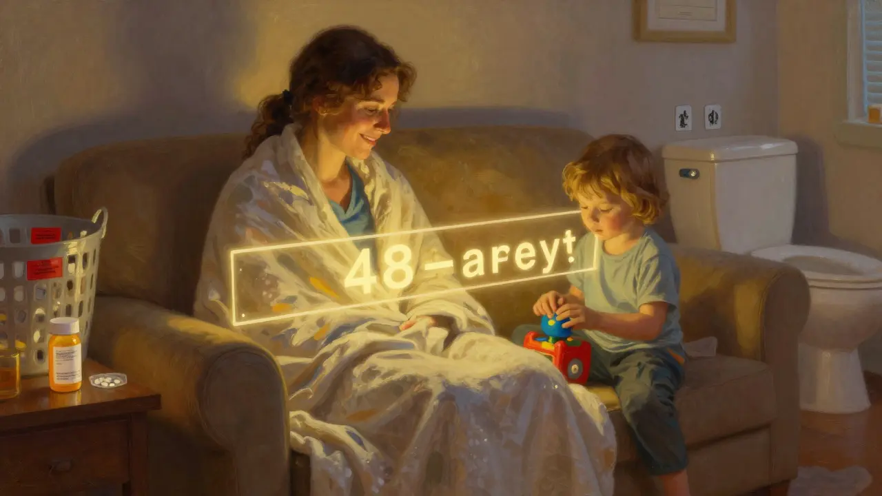 A family shares a peaceful moment, separated by a glowing barrier symbolizing the 48-hour chemo safety window after treatment.