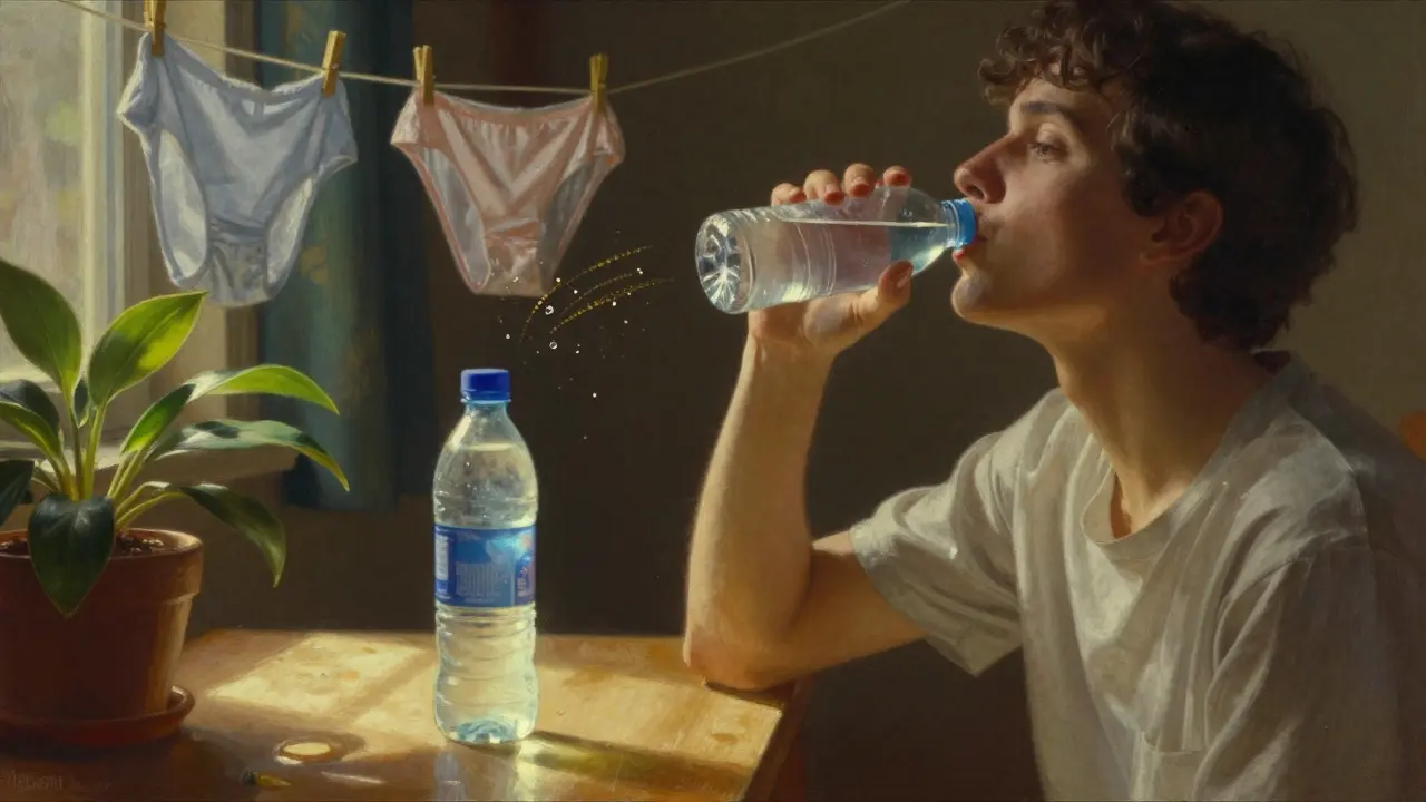 A glowing water bottle and cotton underwear in sunlight, symbolizing hydration and breathability.