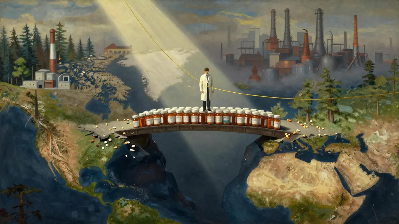 A lone figure on a bridge of pill bottles spanning continents, with a golden thread of active pharmaceutical ingredient flowing across.