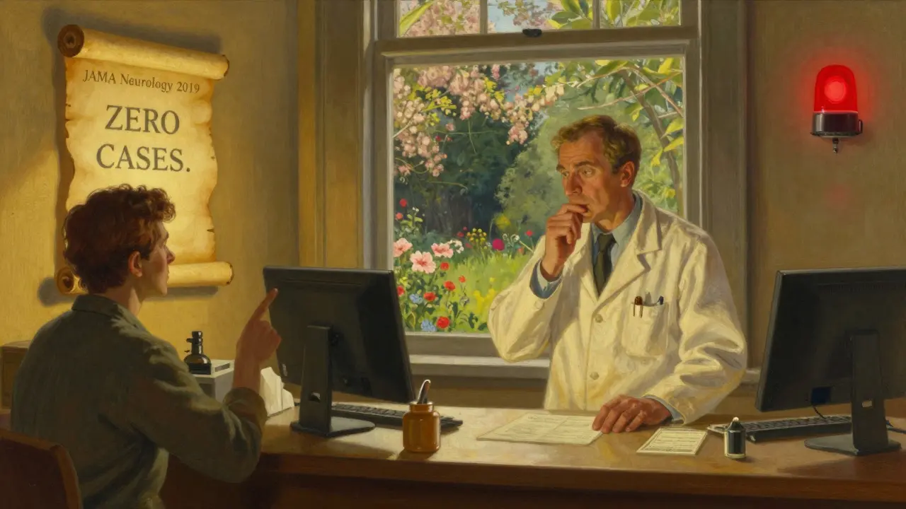 A pharmacist at a counter hesitates as a patient points to a glowing study proving triptans and SSRIs are safe together.