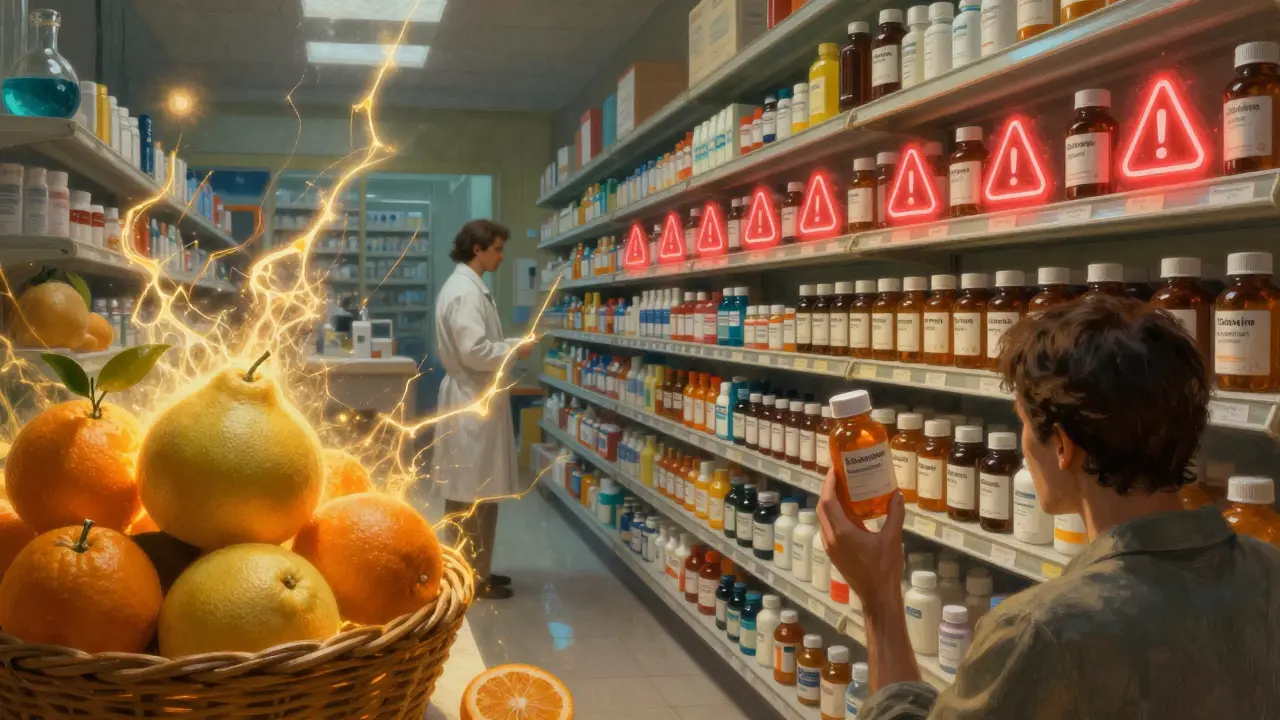 A pharmacy shelf with warning symbols pulses as citrus fruits radiate dangerous energy, while a pharmacist remains oblivious.