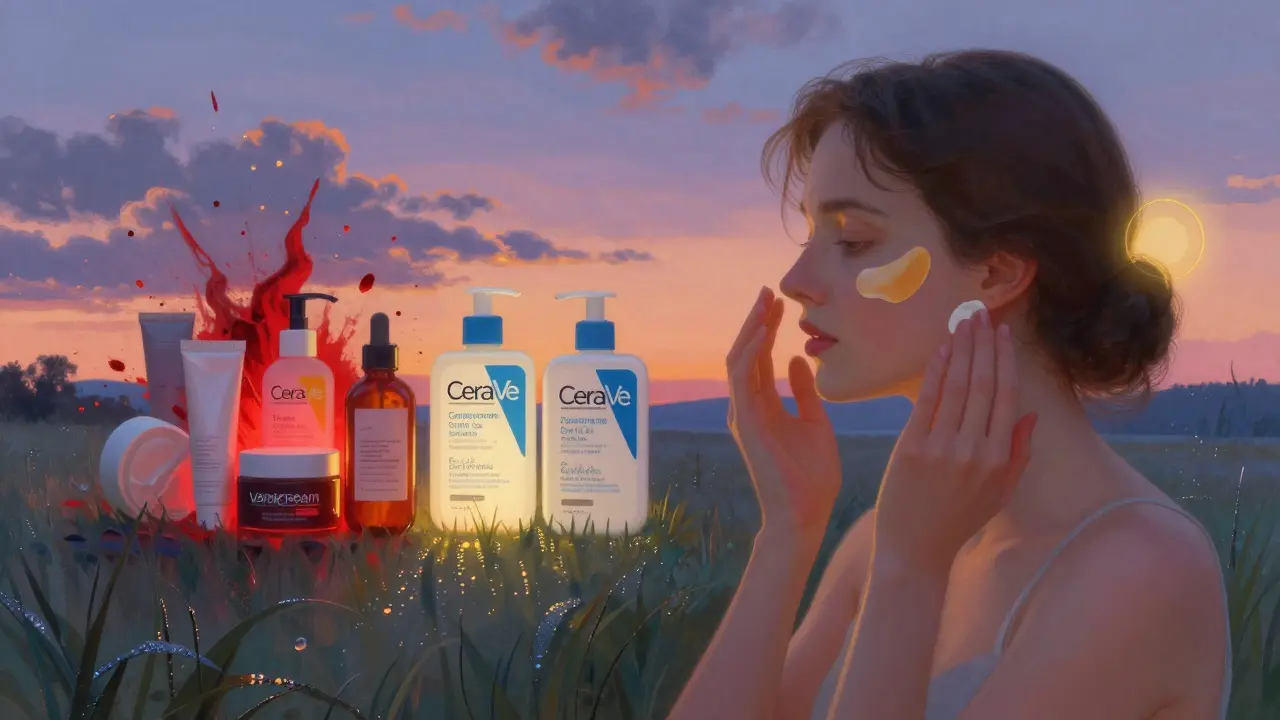 A serene skincare routine with mineral sunscreen, contrasting chaotic scented products against calm, minimalist bottles.