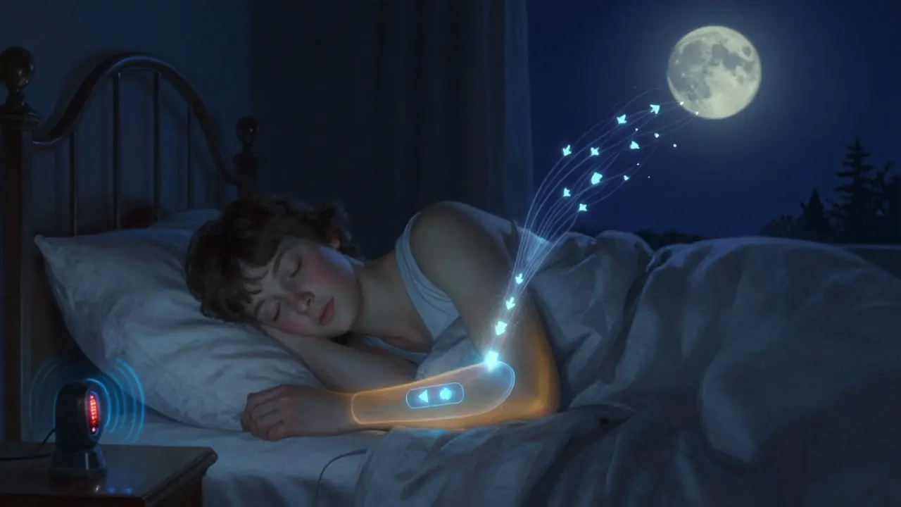 A sleeping person in a moonlit room has a glowing arm sensor sending data arrows, with a vibrating alarm nearby.