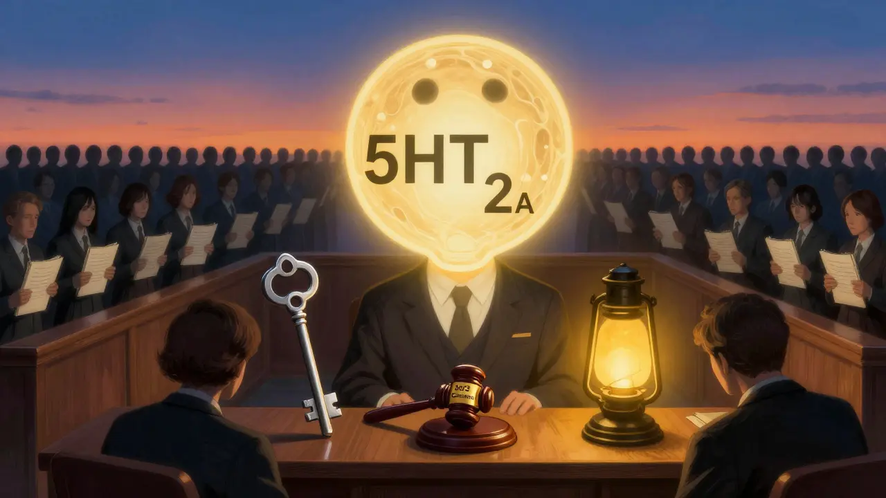 A symbolic courtroom where a triptan key and SSRI lantern defend against outdated fears, with 61,000 united figures in the background.