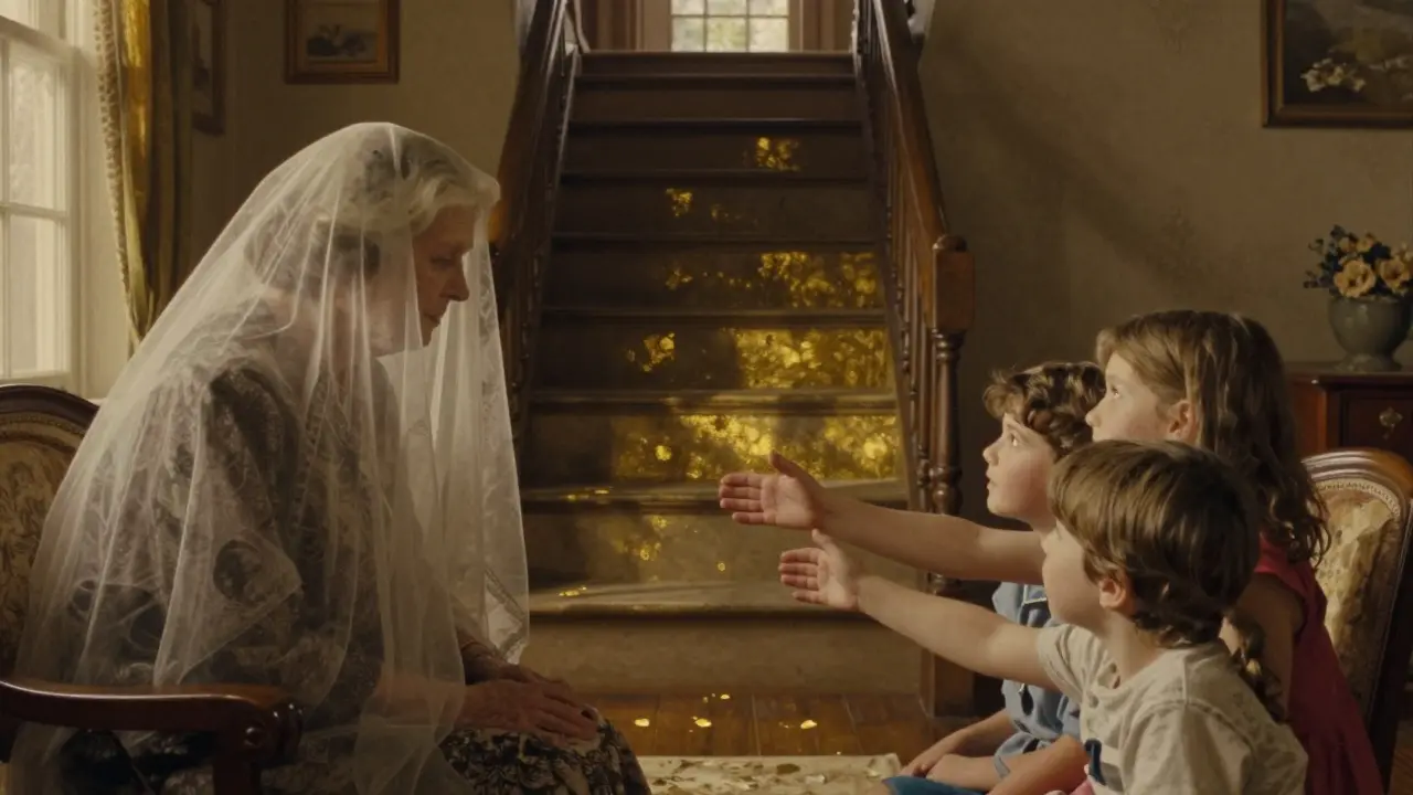 An elderly woman surrounded by family as seven stages of Alzheimer’s rise behind her in golden hues.