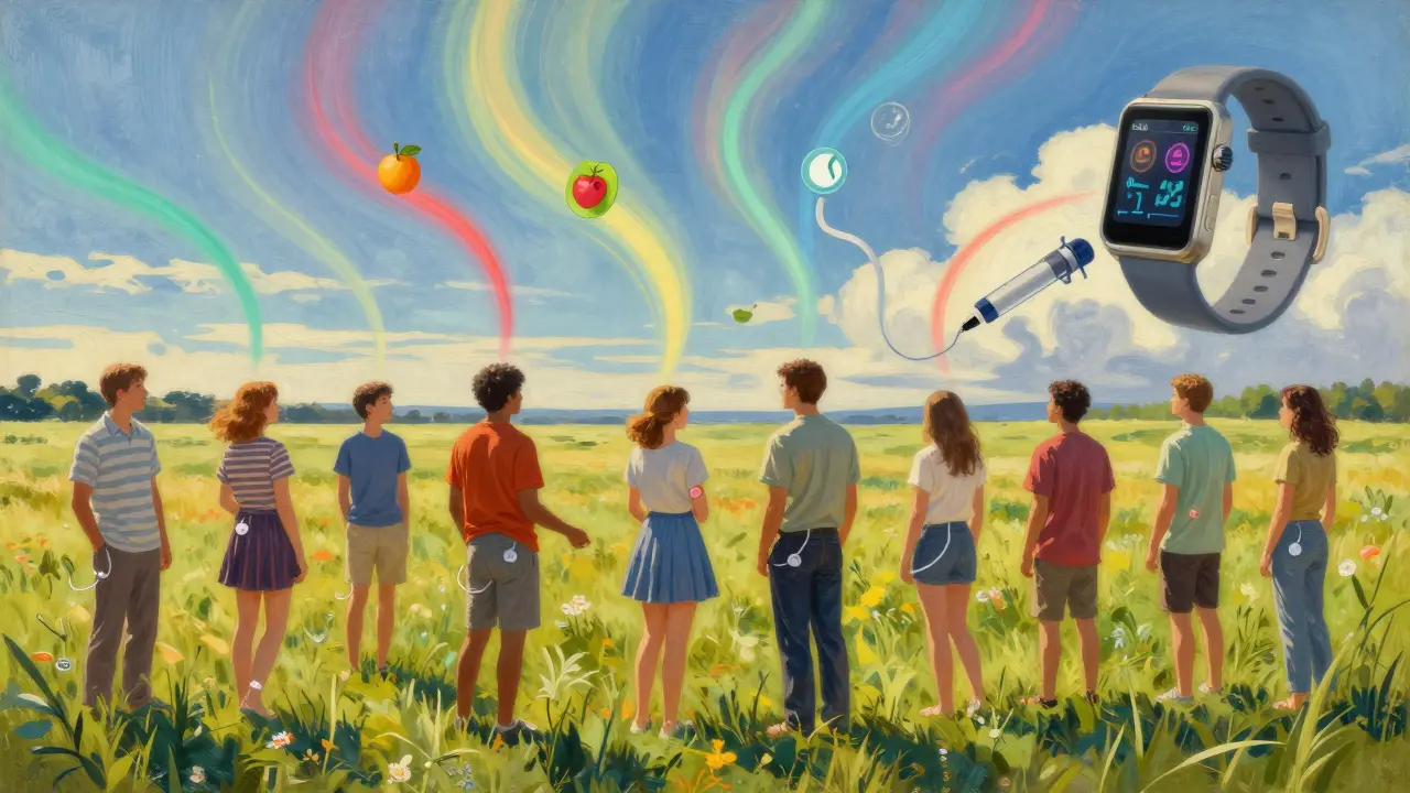 Diverse individuals in a meadow have colorful glucose data trails rising above them, representing wellness and health insight.