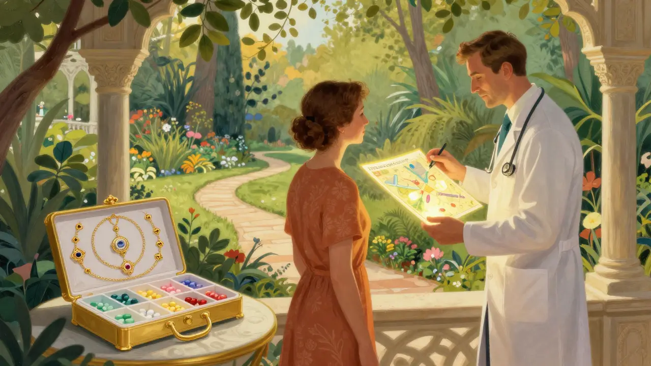 Doctor and patient reviewing plan near decorative pill organizer