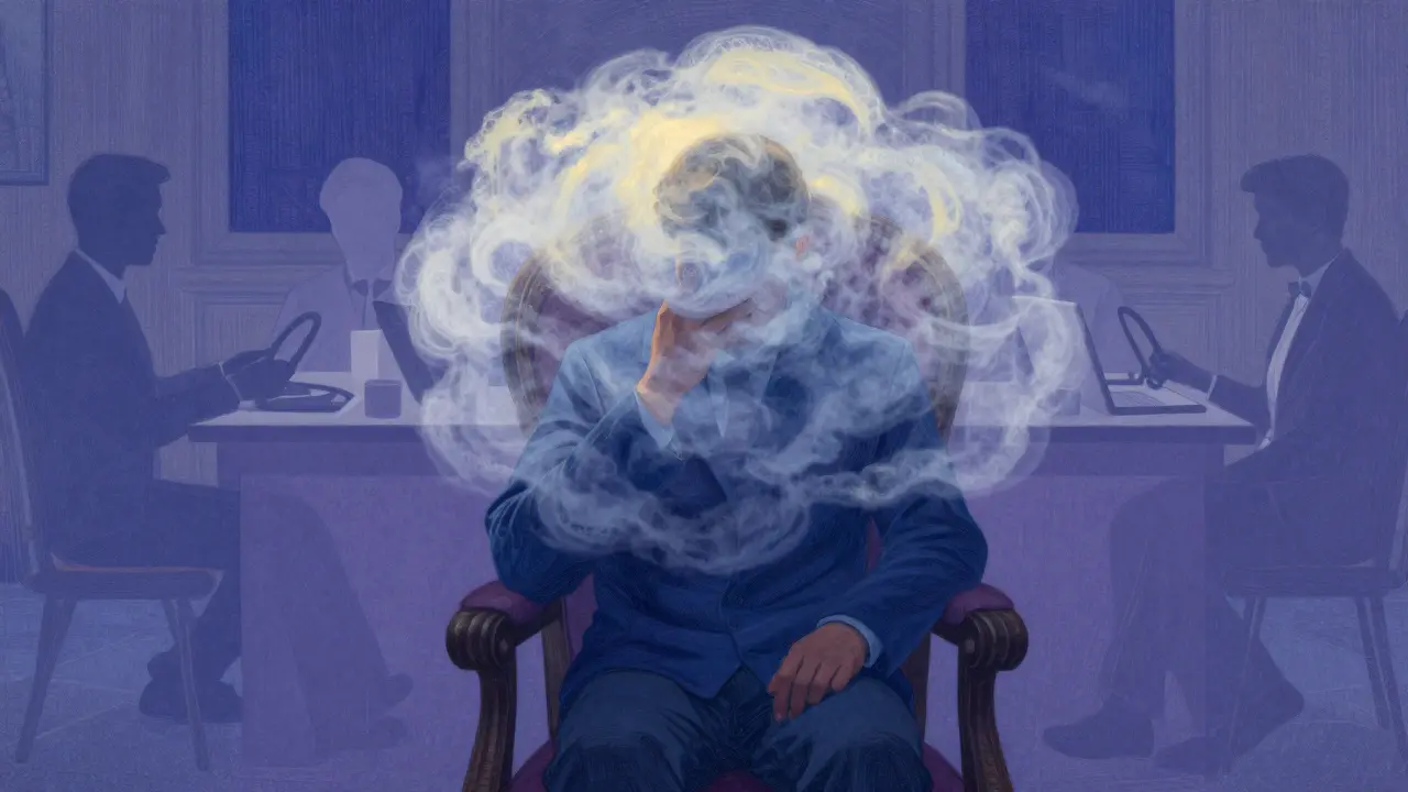 Figure obscured by haze clouds representing medication side effects and fatigue
