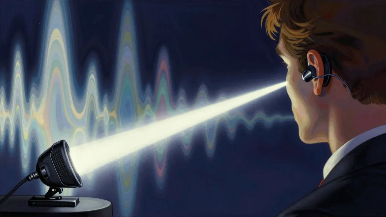 Glowing wireless signal connecting a speaker to a listener through chaotic background noise.