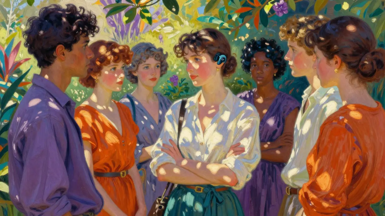 Happy group conversation with subtle hearing technology allowing clear communication in bright setting.