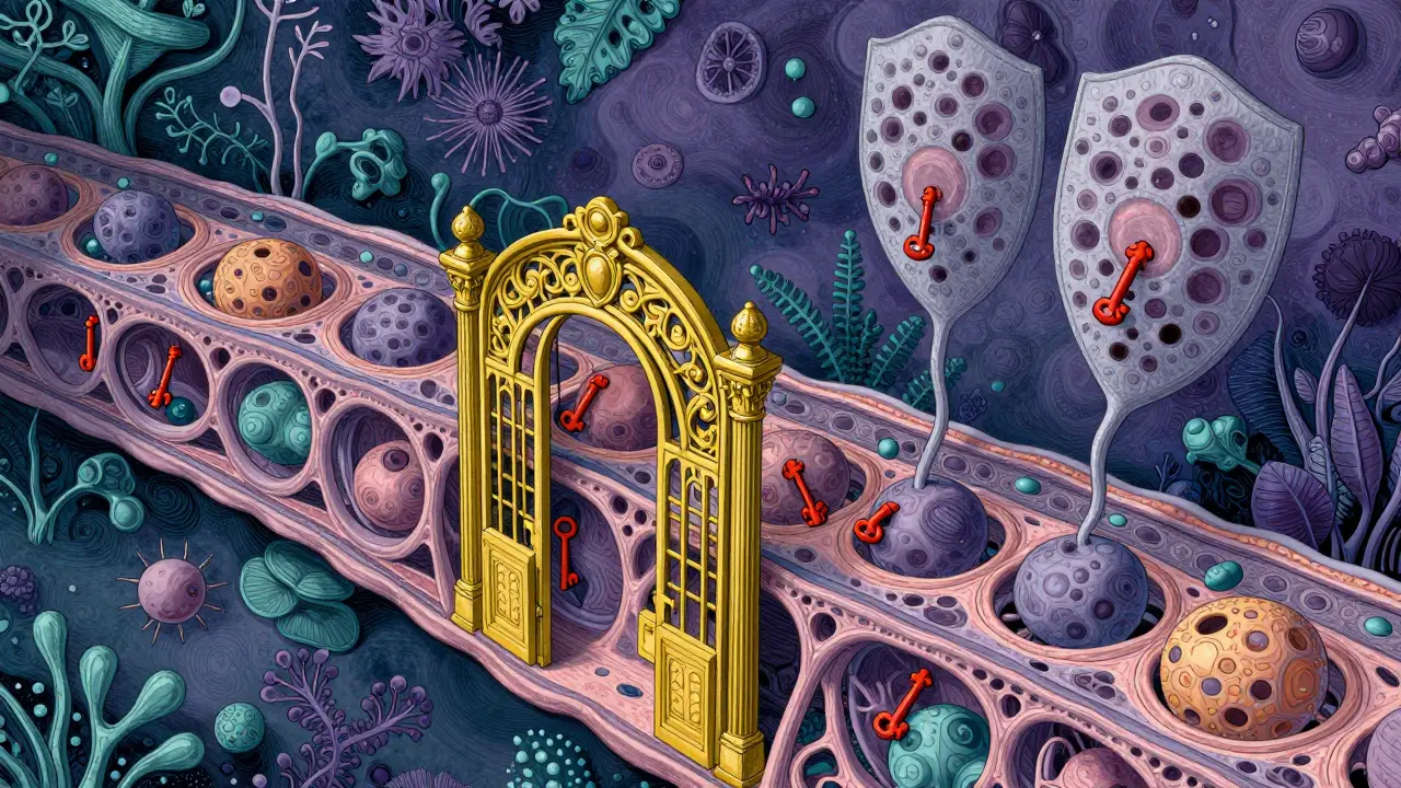 Ornate cell membrane with red keys blocked by protein shields.