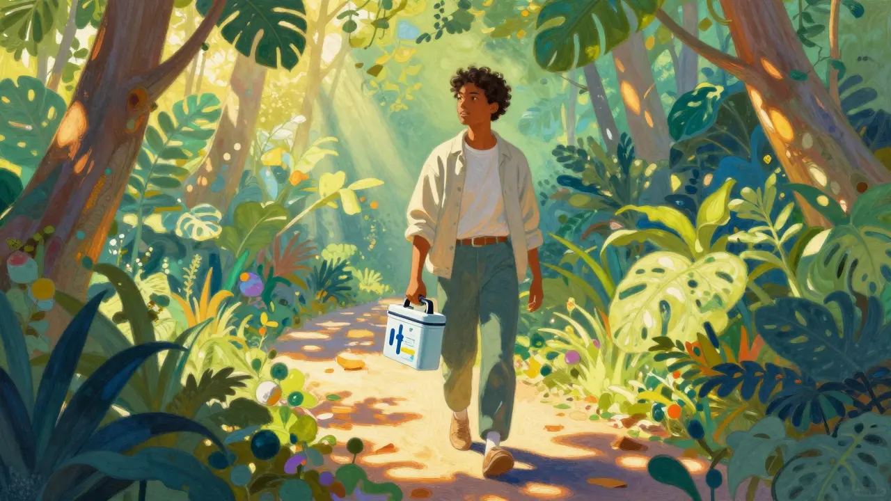 Person walking in vibrant forest holding stylized medical case.