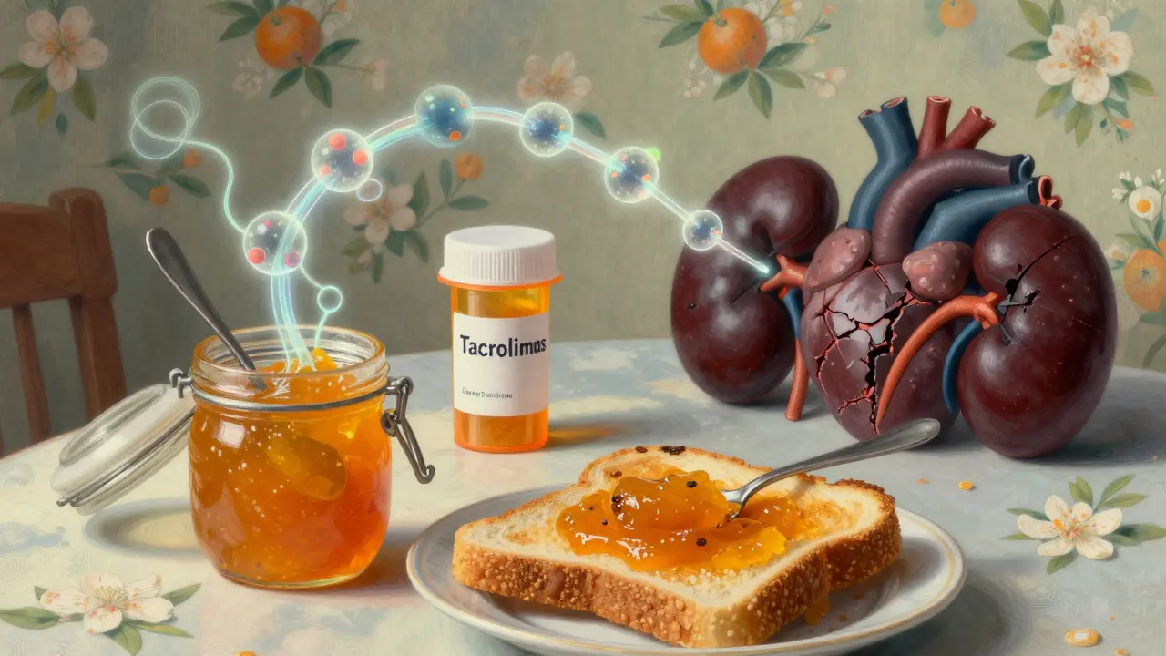 Seville orange marmalade on toast emits spectral molecules that coil around a prescription bottle and damaged organs in soft morning light.