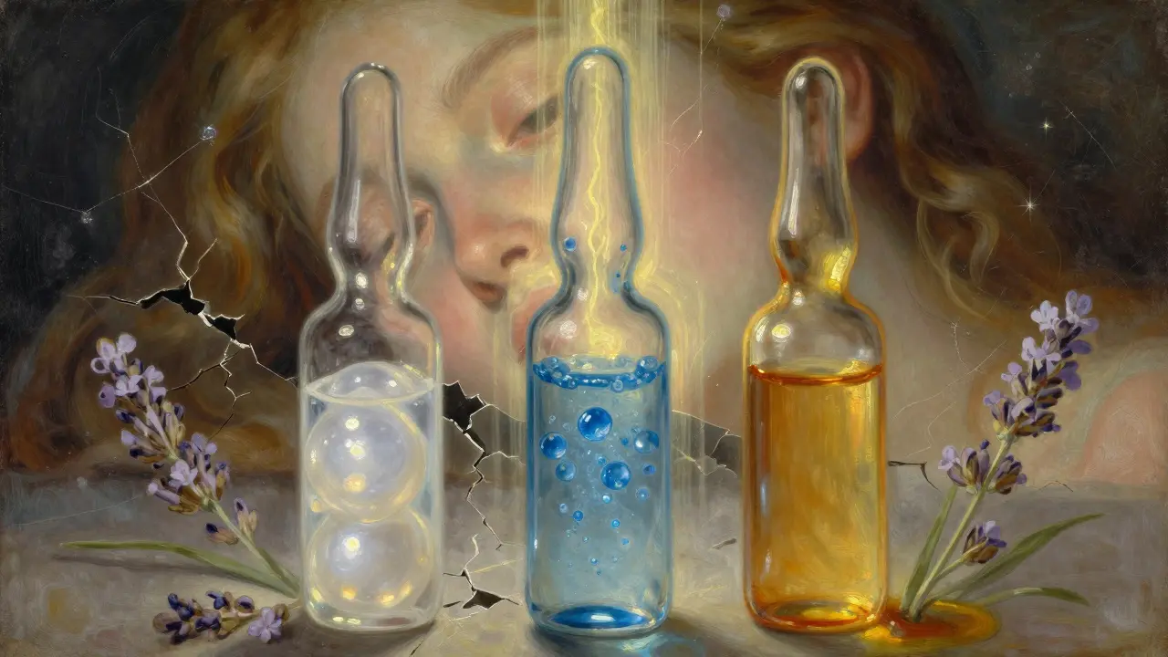 Three glowing vials of ceramides, hyaluronic acid, and glycerin healing a cracked skin barrier with golden light.