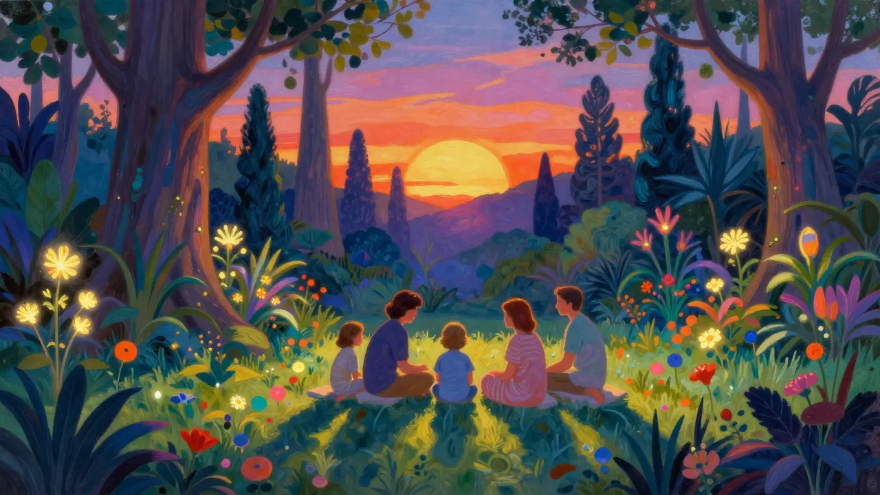 A patient and family in a dreamlike, iridescent garden with vibrant trees and a sunset sky.