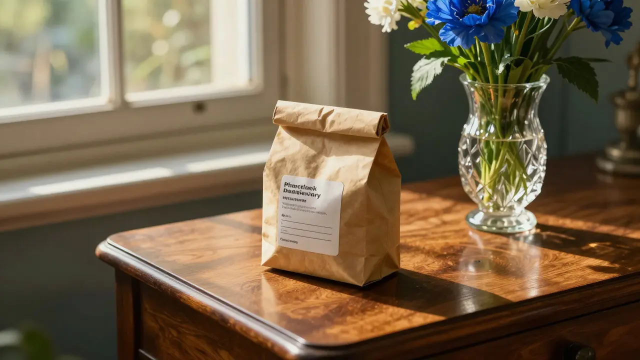 A pharmacy delivery package on a sunlit wooden table with flowers