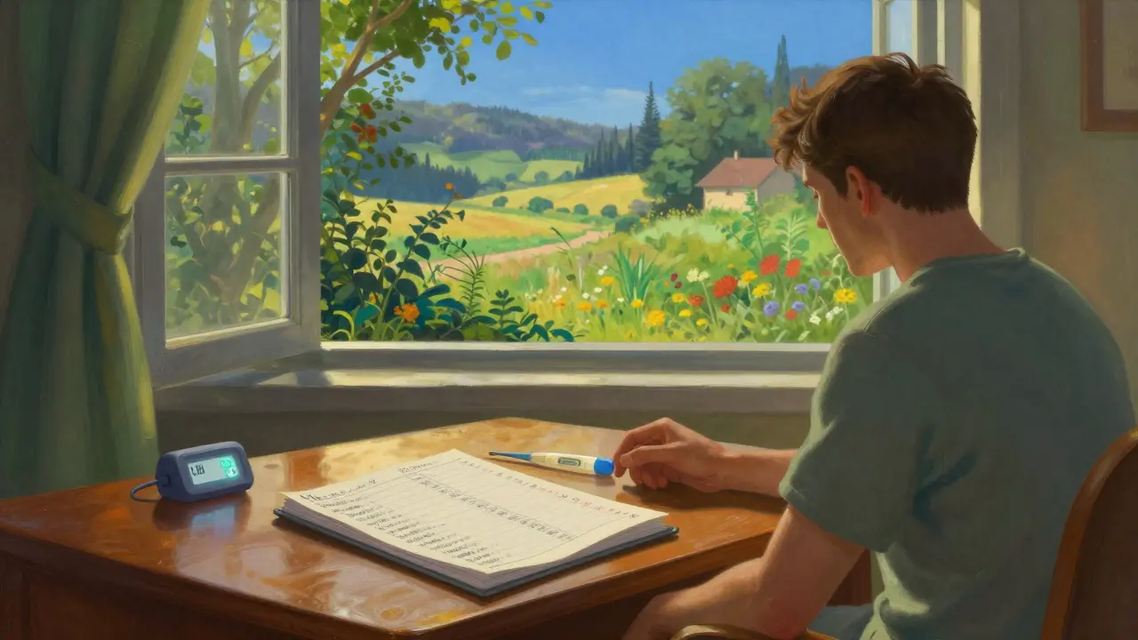 A sunny room with a symptom diary and thermometer, symbolizing patient vigilance and recovery.