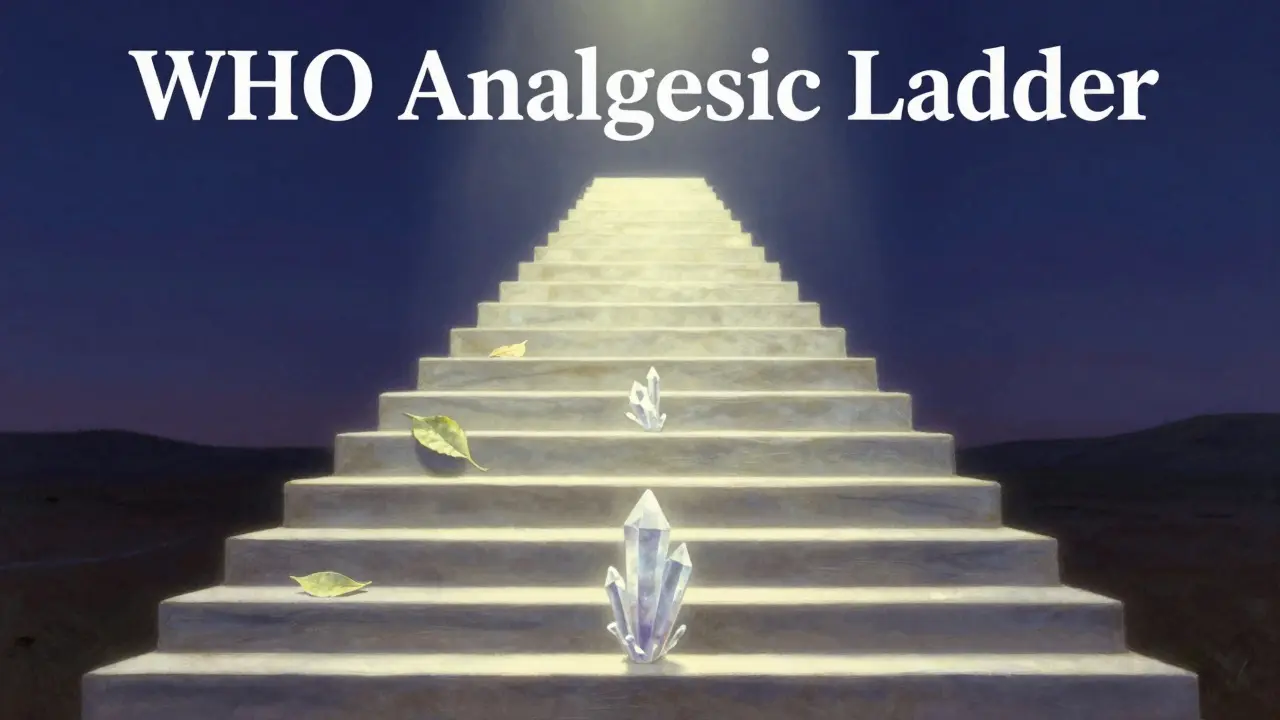 A symbolic glowing three-step staircase ascending toward a bright light against a twilight sky.