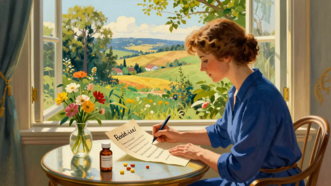 A woman proactively listing her medications in a bright, sun-filled room.