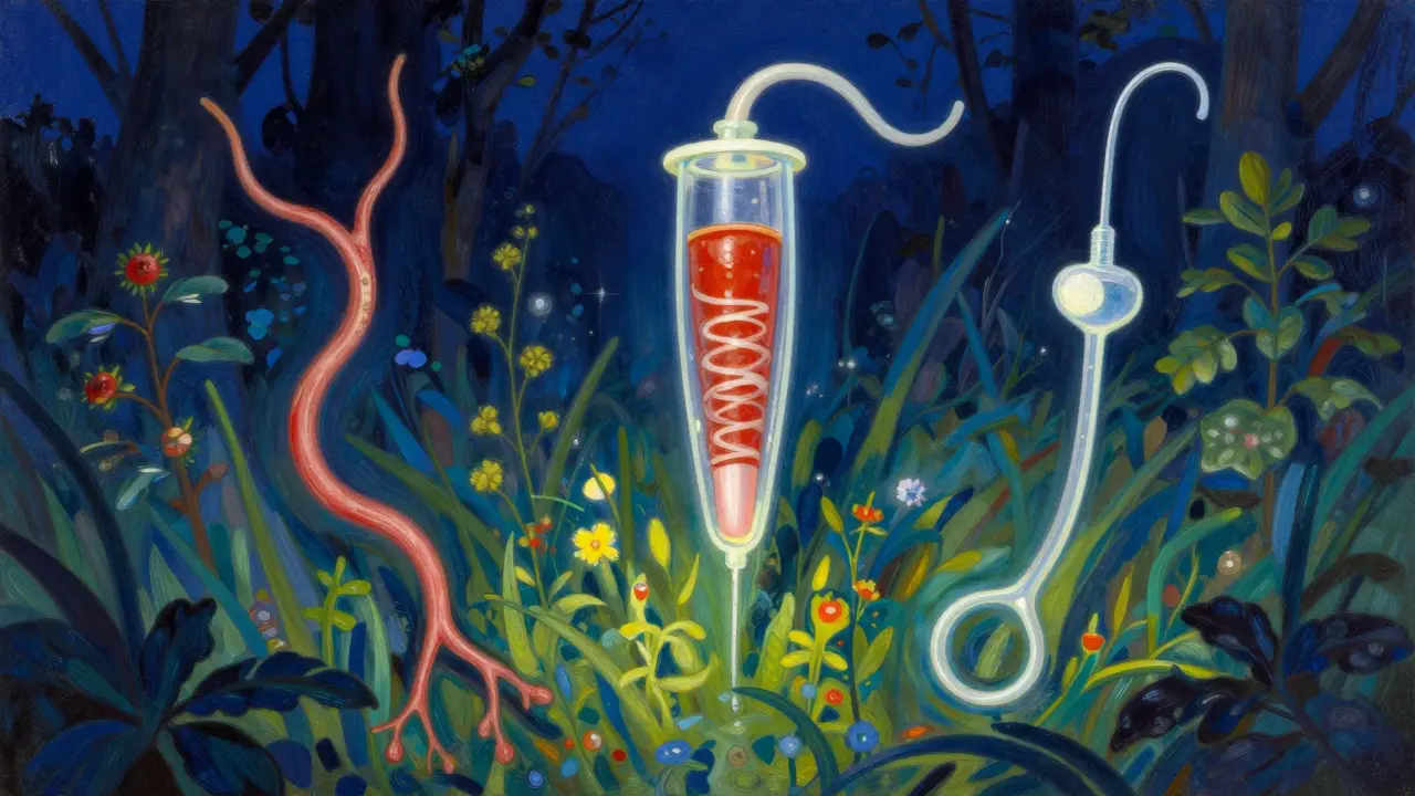 Artistic comparison of natural veins, synthetic grafts, and catheters in a twilight-colored landscape.