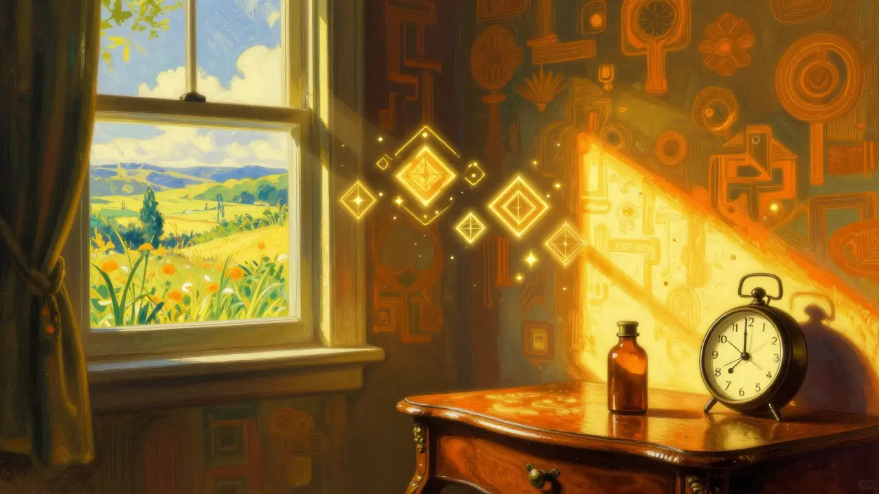 Artistic depiction of seizure triggers including flickering lights and a missed medication bottle.