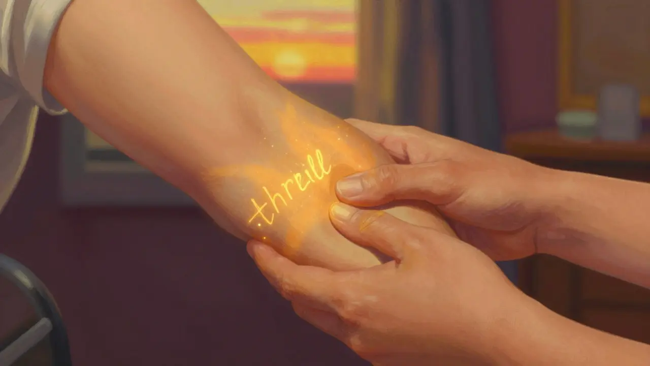 Close-up illustration of a person checking their dialysis access site under warm, golden light.