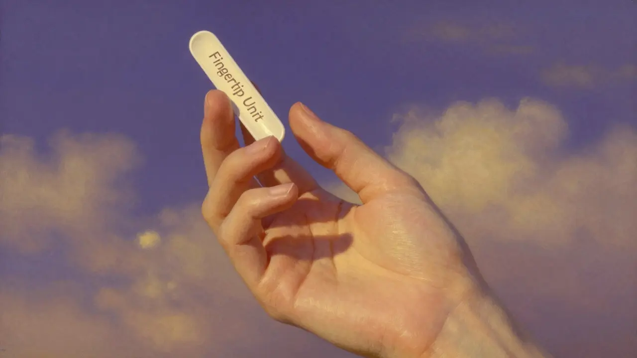 Close-up of a fingertip unit of cream applied to a finger against a twilight sky.