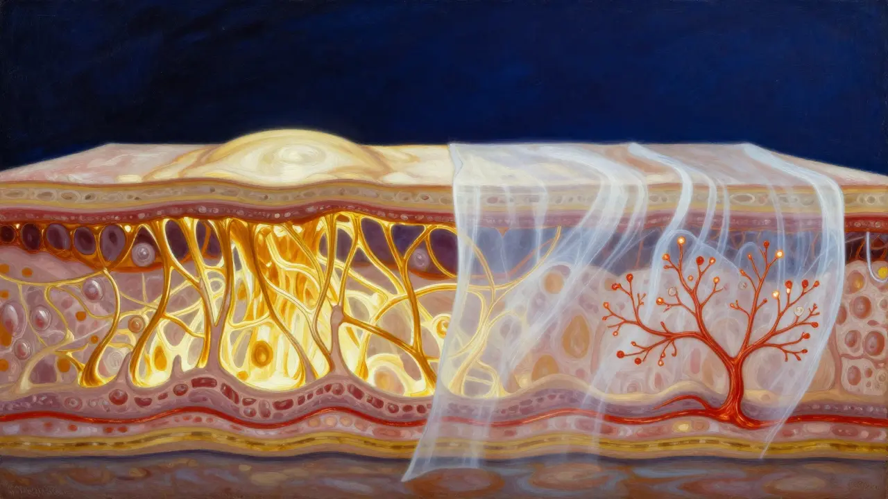 Conceptual cross-section of healthy skin versus thinned skin with visible capillaries.