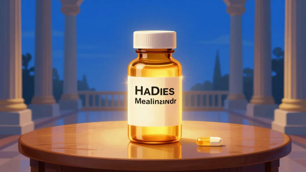 Glowing pharmacy bottle on a wooden table against a vivid blue twilight sky