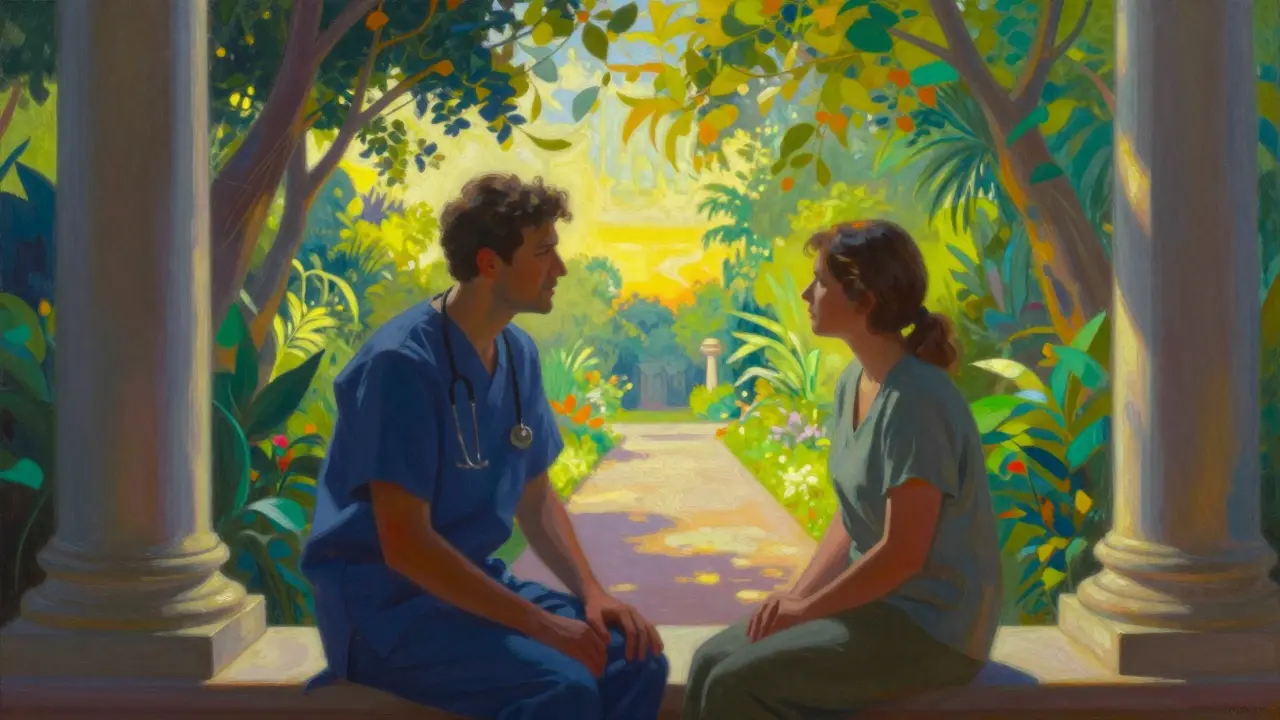 Healthcare professional and patient talking in a radiant neoclassical garden