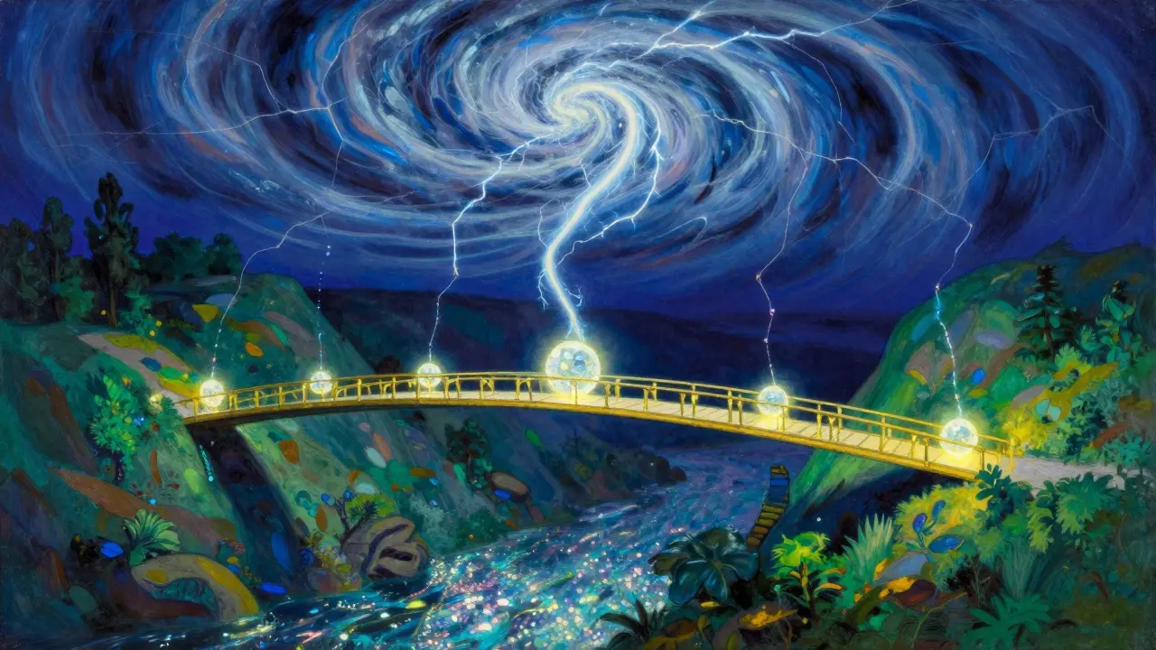 Metaphorical scene of glowing crystalline spheres stabilizing a luminous gold bridge under a stormy sky.