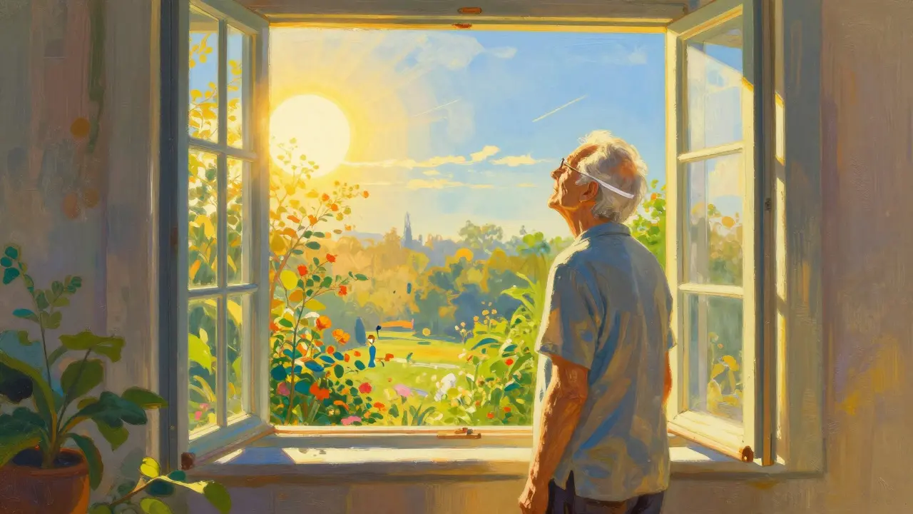 Senior standing by a bright window in golden morning sunlight, looking refreshed and healthy.