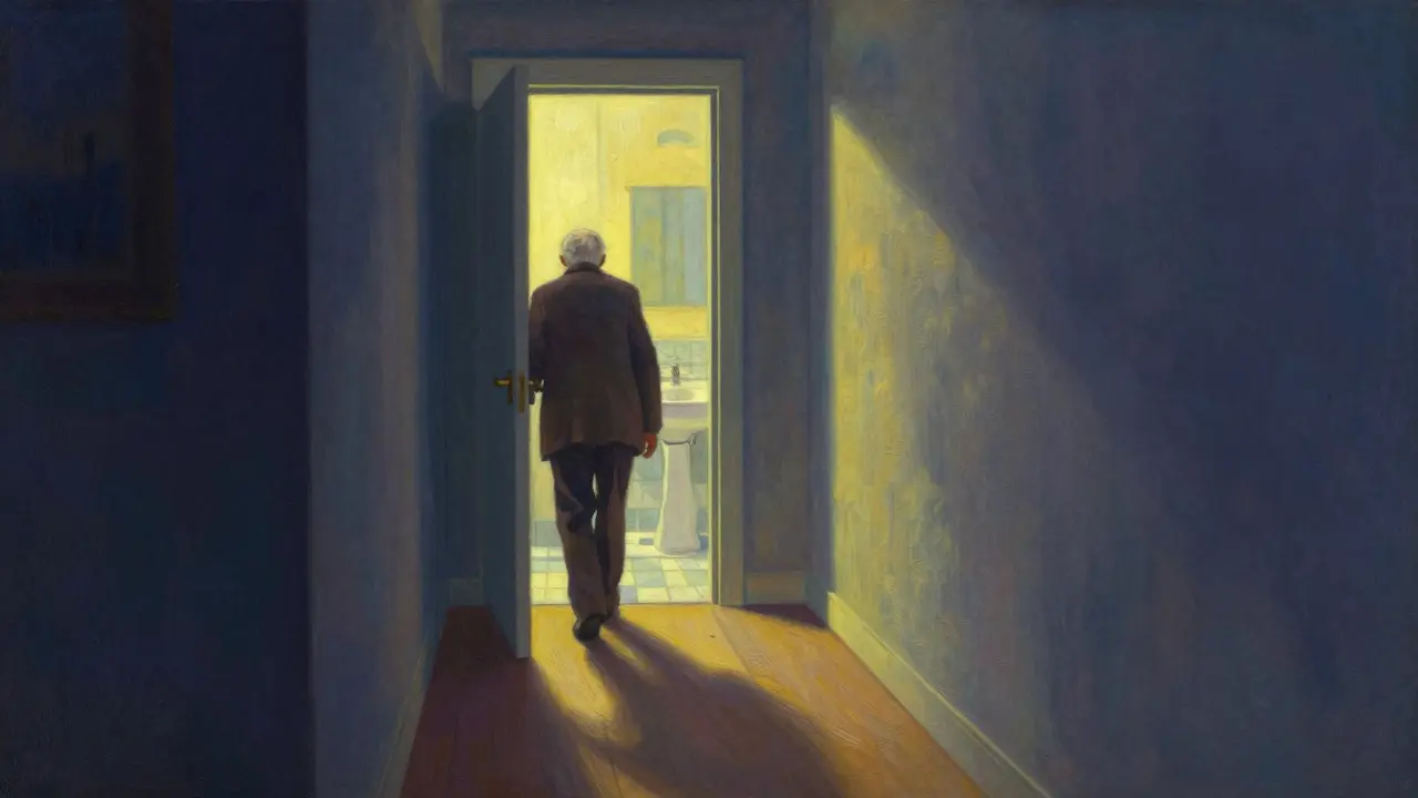 Senior walking carefully through a glowing hallway at night, emphasizing stability and balance.