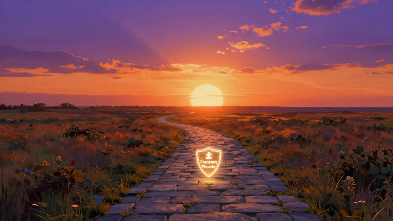 Stone path leading to a radiant horizon with a glowing shield symbol