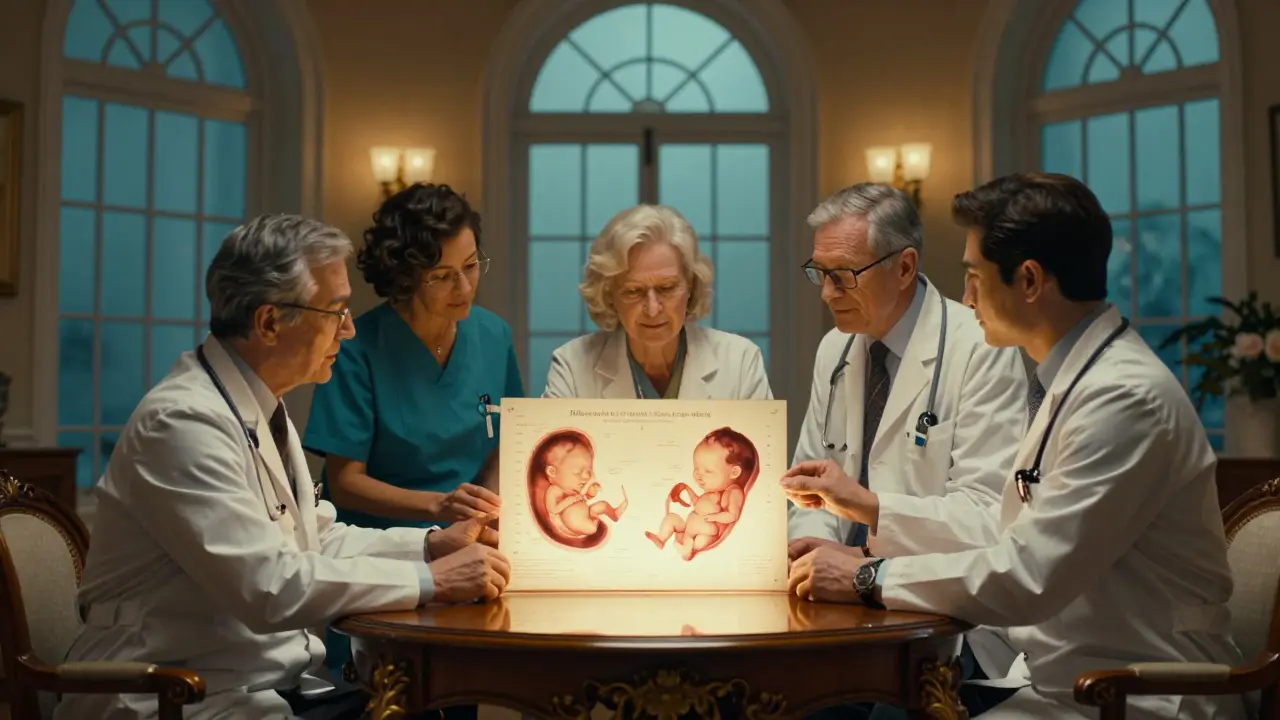 Three doctors collaborating over a fetal development chart in a classically lit room.