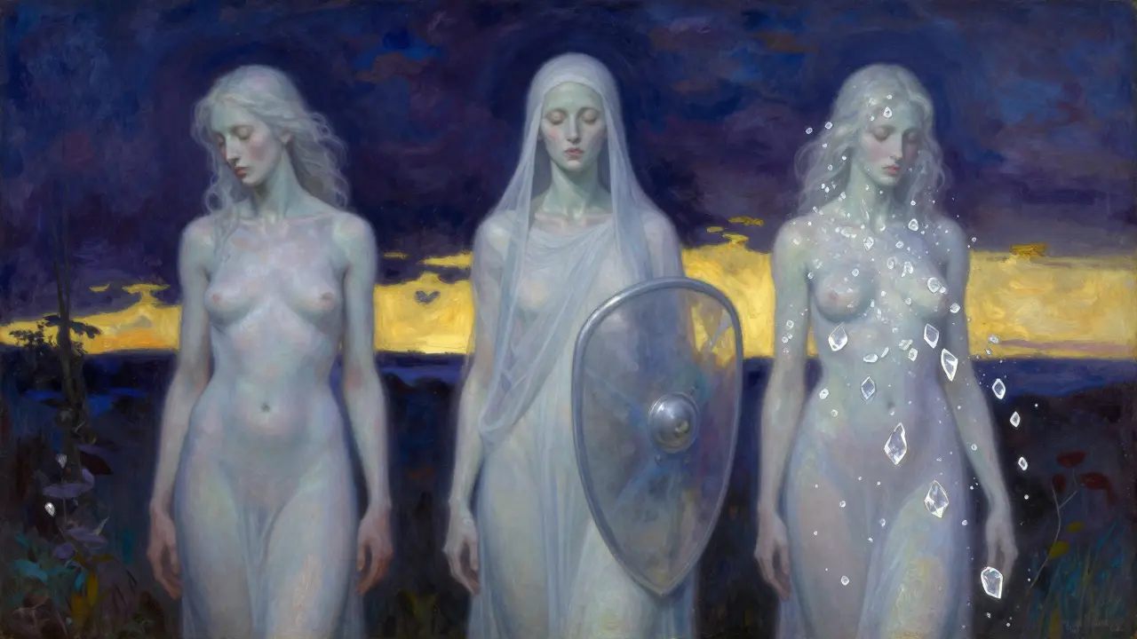 Three ethereal figures representing anemia, neutropenia, and thrombocytopenia in a twilight landscape.